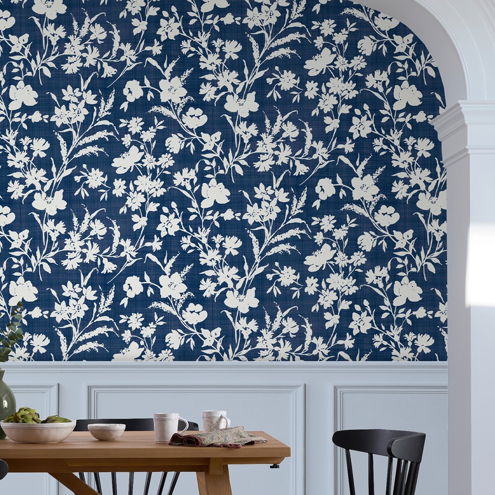 Rye Floral Wallpaper 119854 by Laura Ashley in Midnight Seaspray Blue